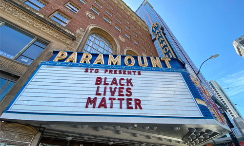 Black Lives Matter sign outside a Paramount theater
