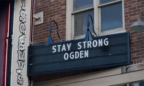 Stay Strong Ogden sign outside theater